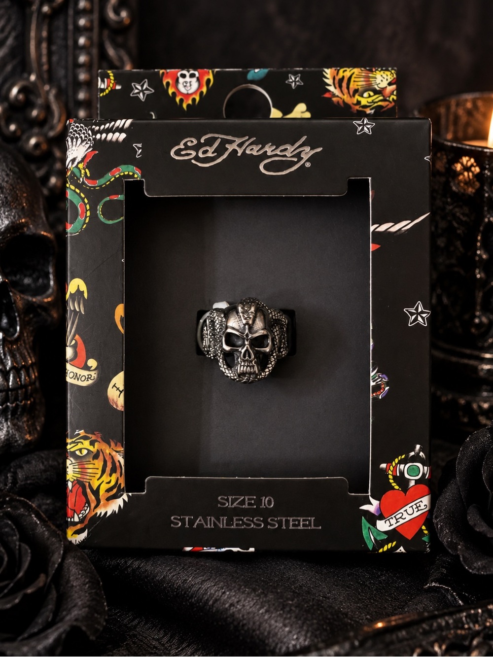 Ed Hardy Men’s Stainless Steel Skull Ring, Size 10 NIB